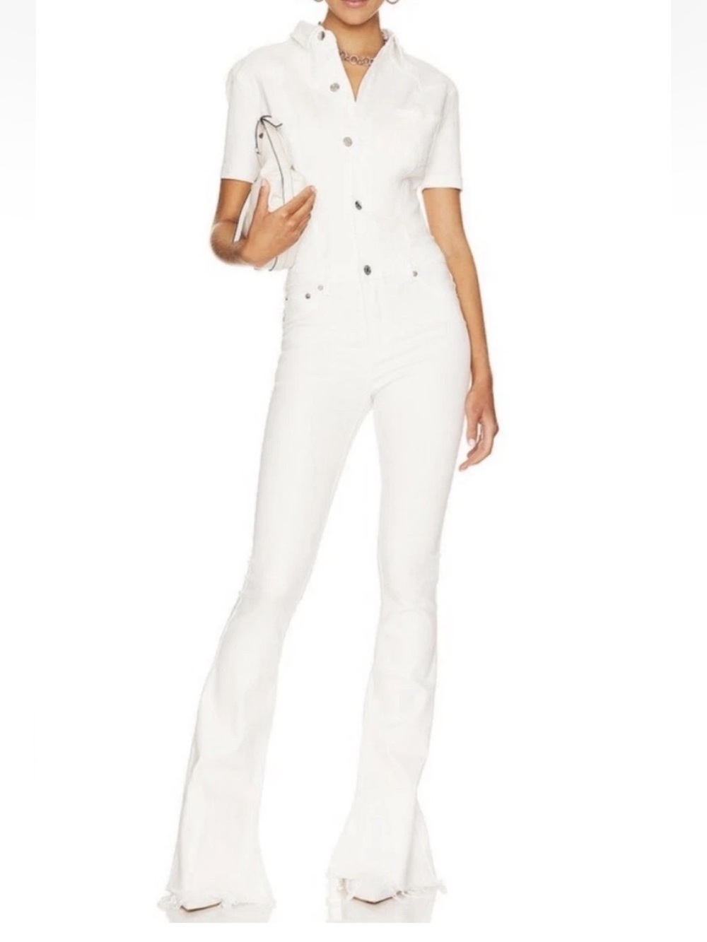 SER.O.YA Fallon White Denim Jumpsuit X Small Flare Frayed Slit Stretch $395. F